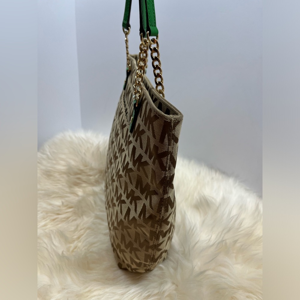 Michael Michael Kors Monogram Canvas Tote Emerald Green Chain and Leather Straps - Picture 3 of 13